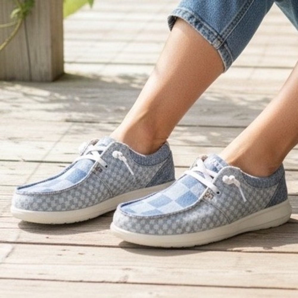 Ariat Hilo Women Blue Checkerboard Denim Loafers Moc Toe Shoes 7.5